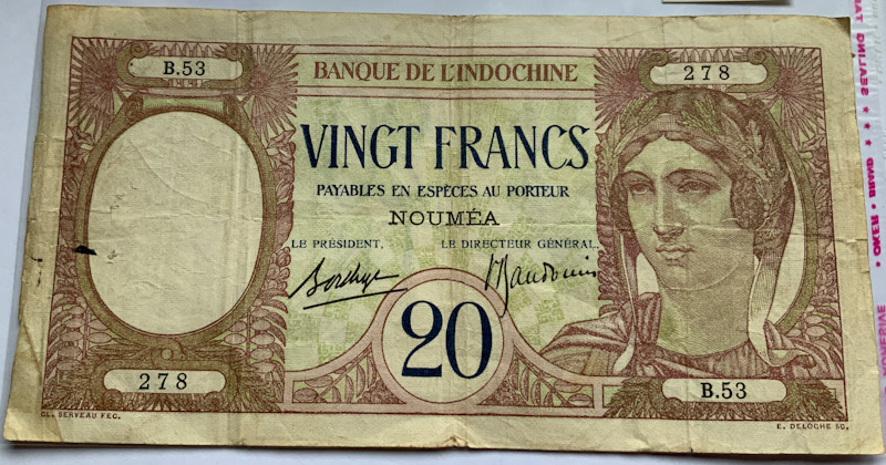 Circa 1929 New Caledonia Vingt 20 Francs banknote